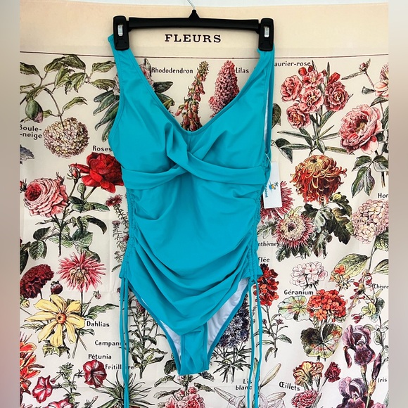 COPY - Beachsissi one piece teal swimsuit. NWT. Size L. Gathered sides with tie… - Picture 1 of 9